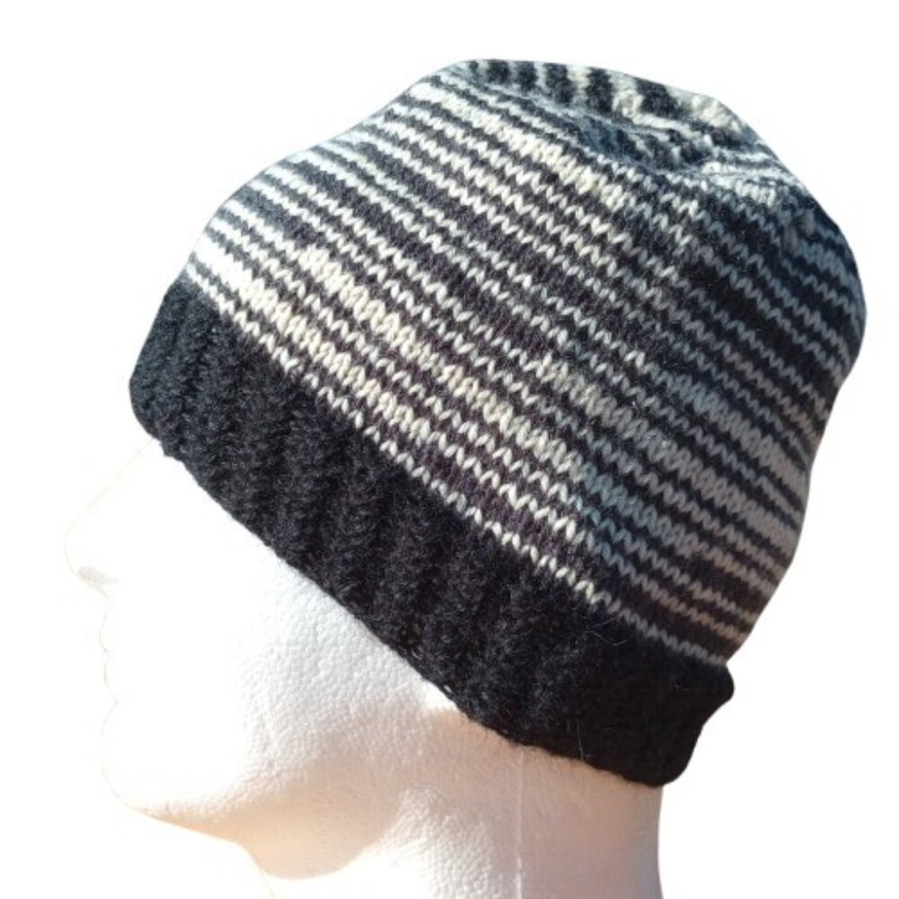 Mens Alpaca Wool Beanie Skully Hand Knit Hat Light Thin Faux Fair Isle Striped
